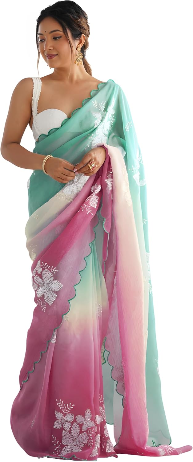 Saree for Women’s Fancy 2 Tone Embroidery Siquince Bollywood Party wear Saree Indian Saree