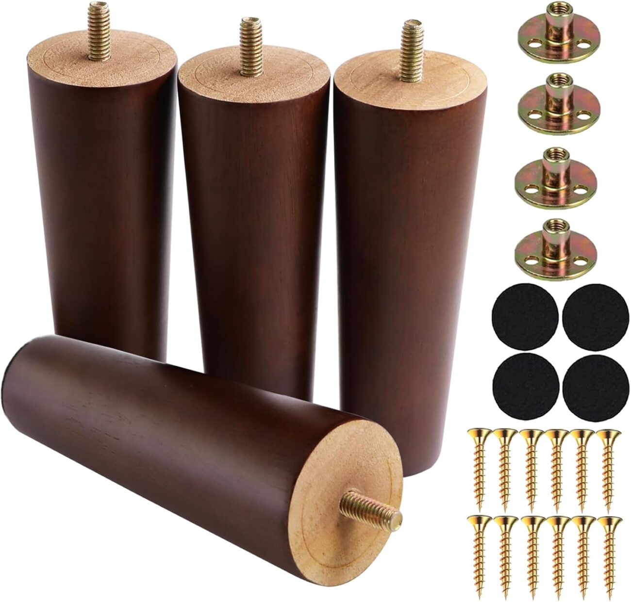 6 Inches Round Solid Wood Furniture Legs Set of 4, Brown Wooden Replacement Feet with Threaded 5/16” Hanger Bolts for Sofa, Couch, Armchair, Cabinet, TV Stand, Ottoman and Dresser