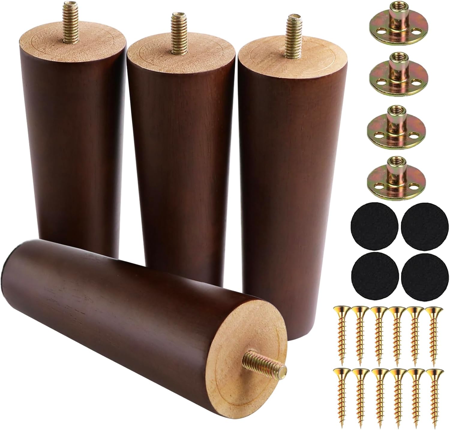 6 Inches Round Solid Wood Furniture Legs Set of 4, Brown Wooden Replacement Feet with Threaded 5/16” Hanger Bolts for Sofa, Couch, Armchair, Cabinet, TV Stand, Ottoman and Dresser