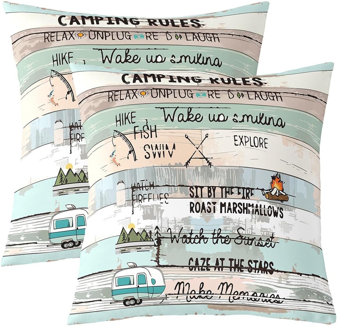 Feelyou Happy Camping Throw Pillow Covers 16″x16″ Set of 2 Soft Camper Rustic Wooden Cushion Covers for for Couch Sofa Cartoon Camping Leopard Car Floral Decorative Pillowcases Outdoor Pillows Covers