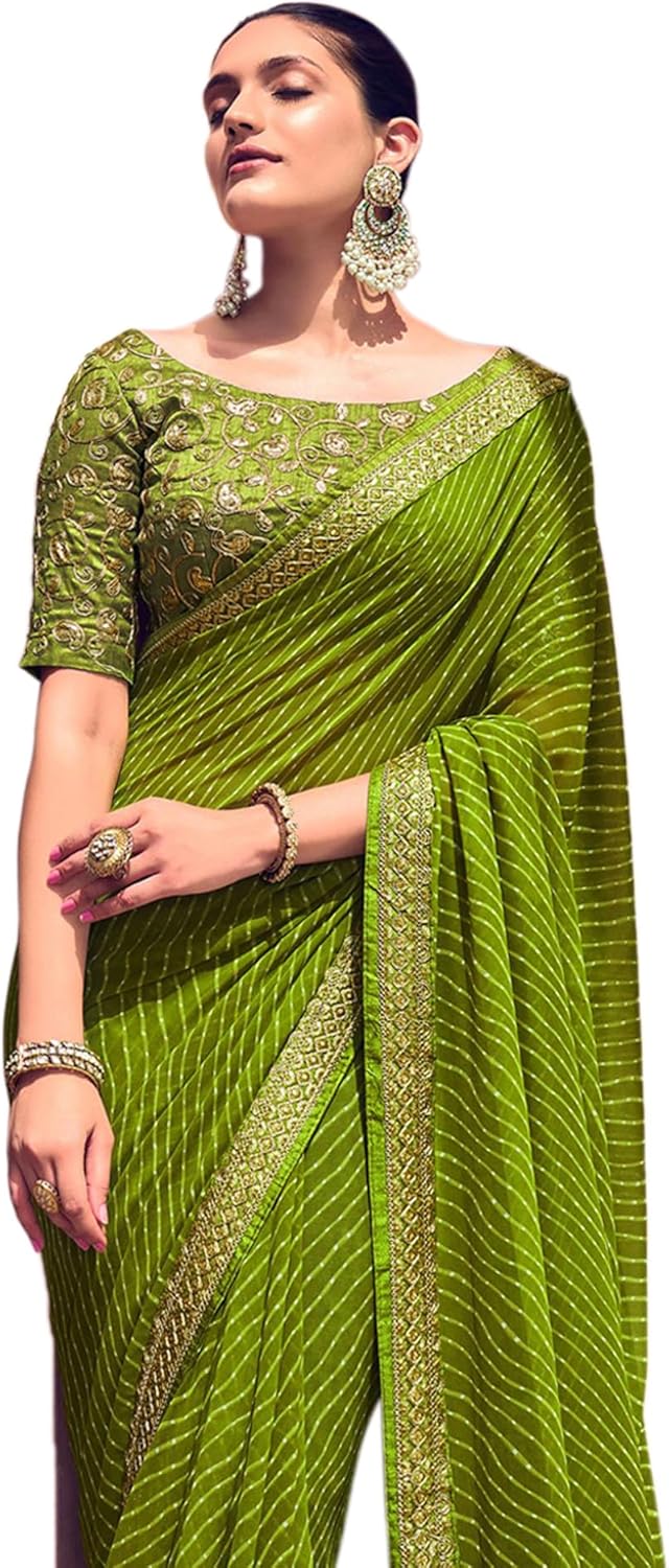 Leheriya Printed & Lace Georgette Saree With Unstitched Blouse Piece