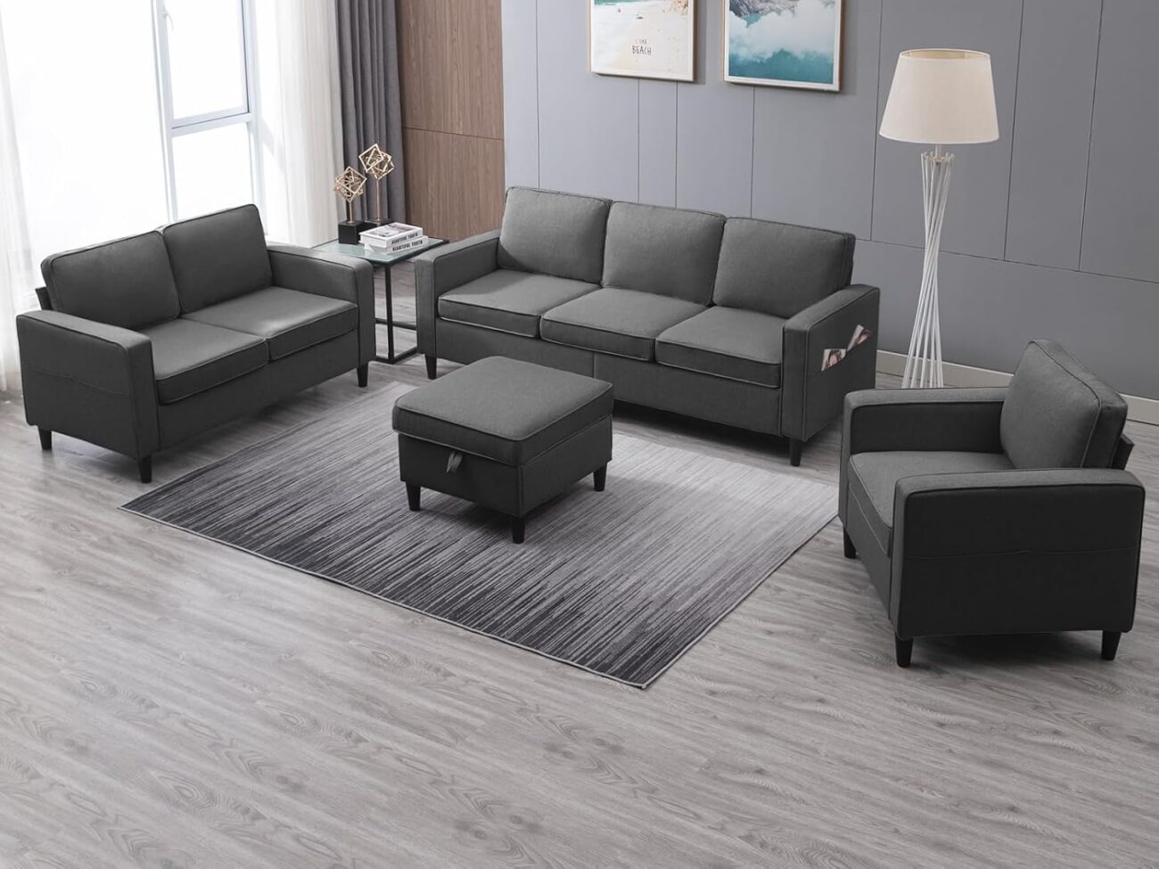 PUREMIND 3 Pcs Sofa Set, Couches Set w Wooden Sofa Legs, Linen Living Room Furniture w Storage Ottoman&Pockets, Sectional Sofas Includes 3-Seater+ Loveseat+Armchair, Dark Grey