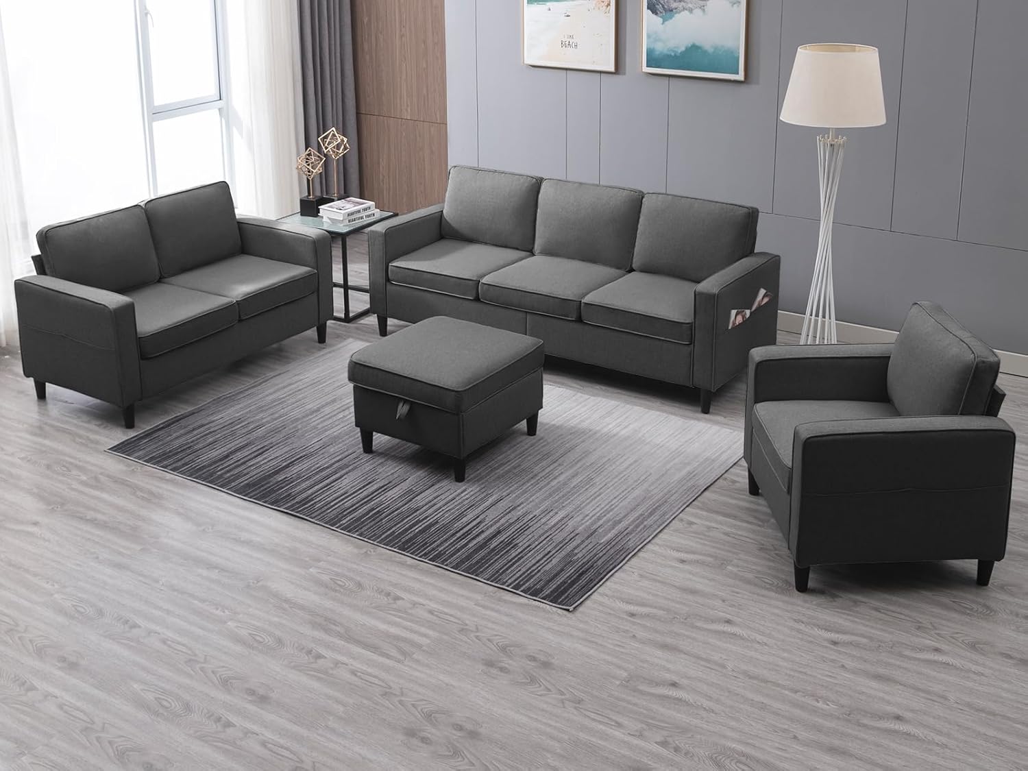 PUREMIND 3 Pcs Sofa Set, Couches Set w Wooden Sofa Legs, Linen Living Room Furniture w Storage Ottoman&Pockets, Sectional Sofas Includes 3-Seater+ Loveseat+Armchair, Dark Grey
