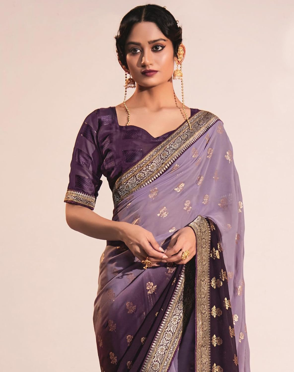 Women’s Lace & Foil Printed Georgette Saree with Unstitched Blouse Piece