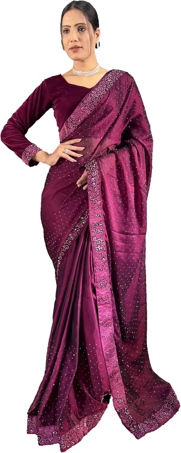 STELLACOUTURE Indian Silk ready to wear diamond work saree for Women with velvet blouse ST-048