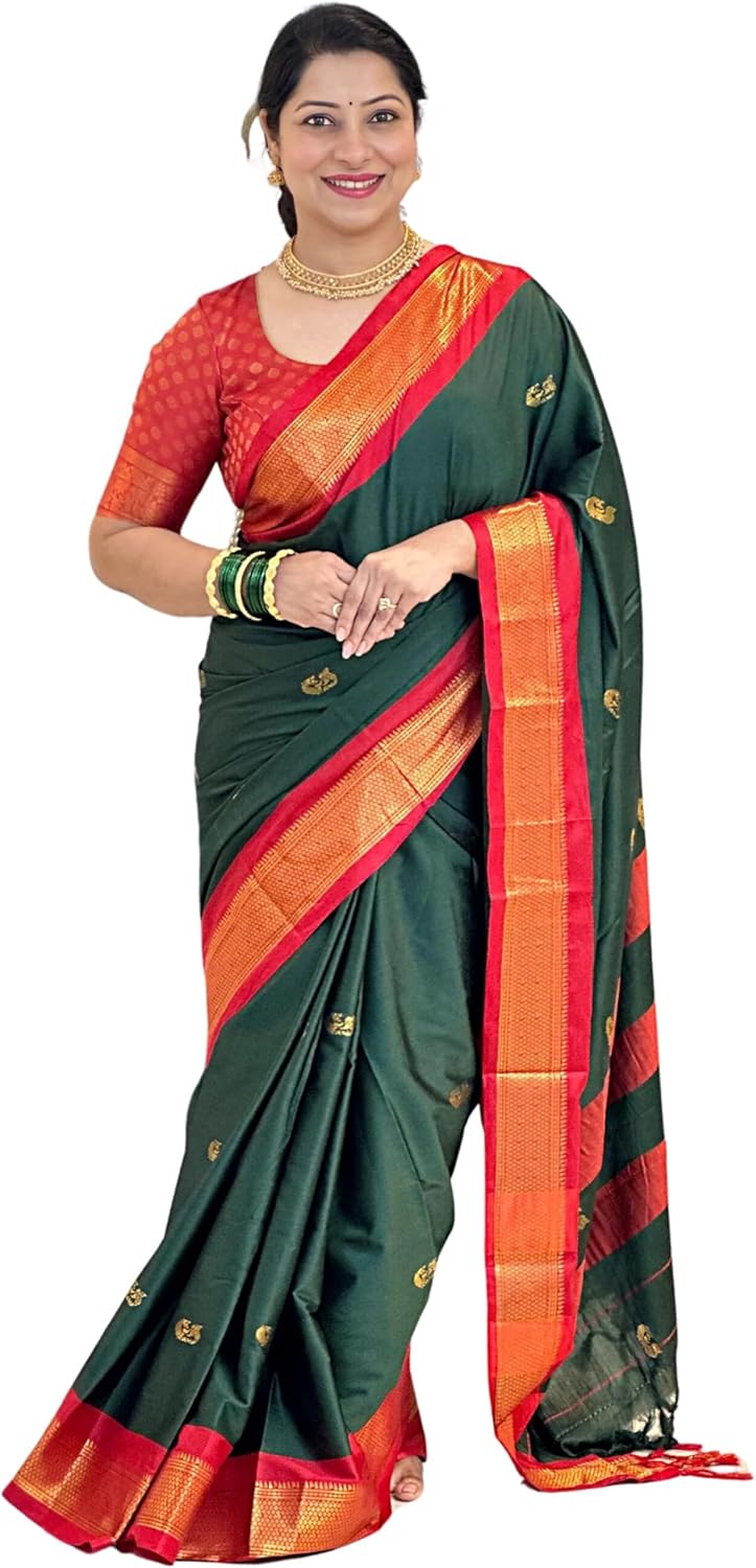 SGF11 Women’s Kanjivaram Soft Lichi Silk Saree With Blouse Piece, Dark Green Pink, One size, Dark Green Pink, One Size