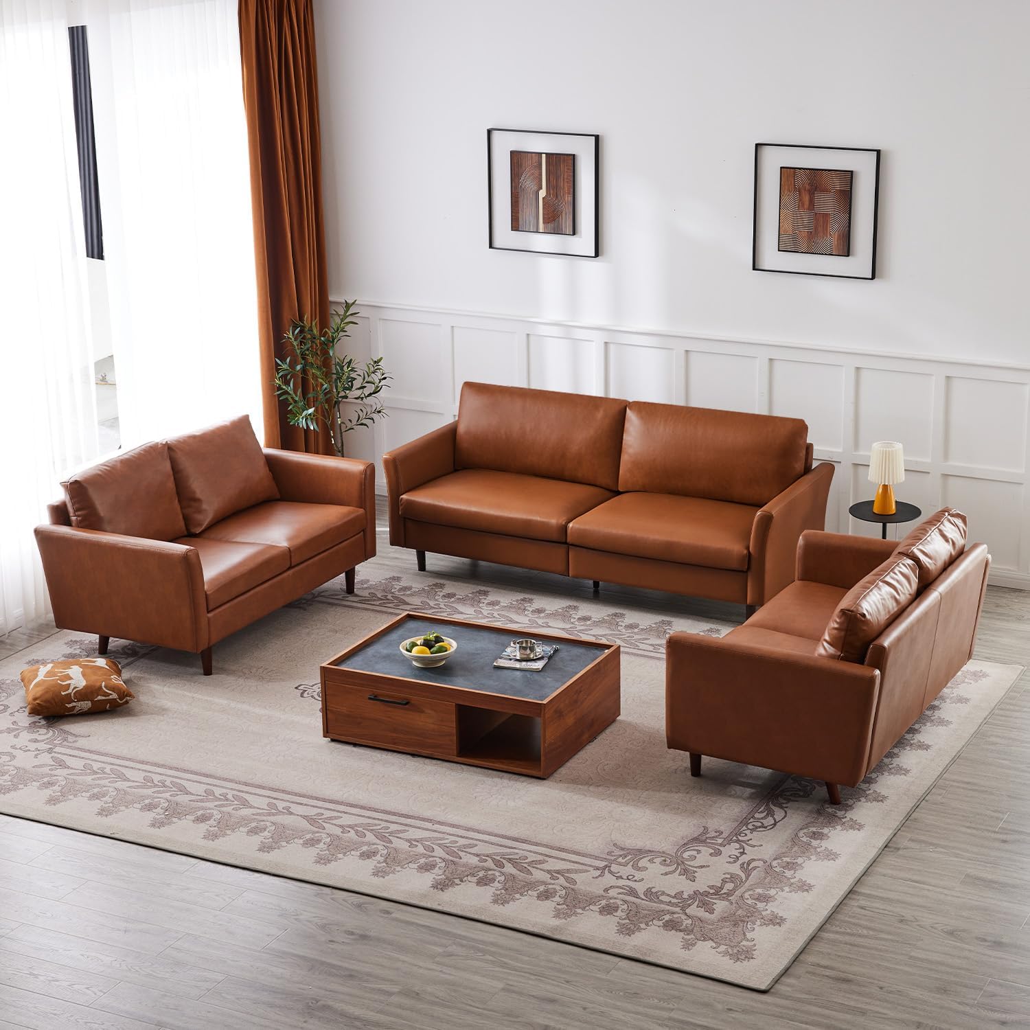 Kingfun Living Room Furniture Sets, 3 Seater Sofa, Loveseat and Loveseat, Mid Century Modern Sofa Set, Faux Leather Couch with Solid Wood Frame for Living Room & Bedroom, Chestnut