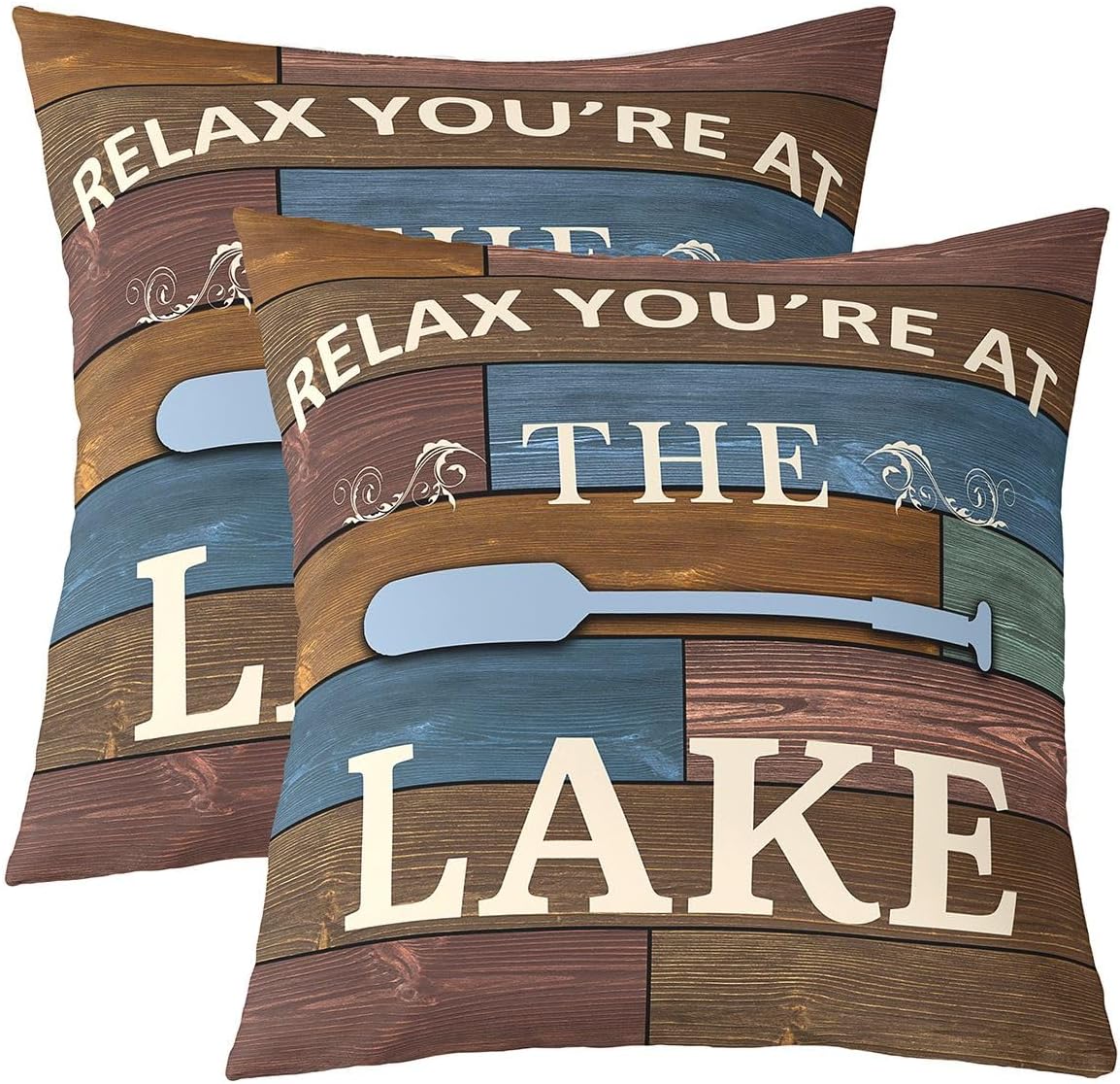 Lake Paddle Decor Throw Pillow Covers 22×22 Inch Set of 2, Rustic Farmhouse Old Barn Pillow Covers for Sofa, Lake House Cushion Cases, Retro Wooden Stripes Decorative Square Pillow Cases, Brown