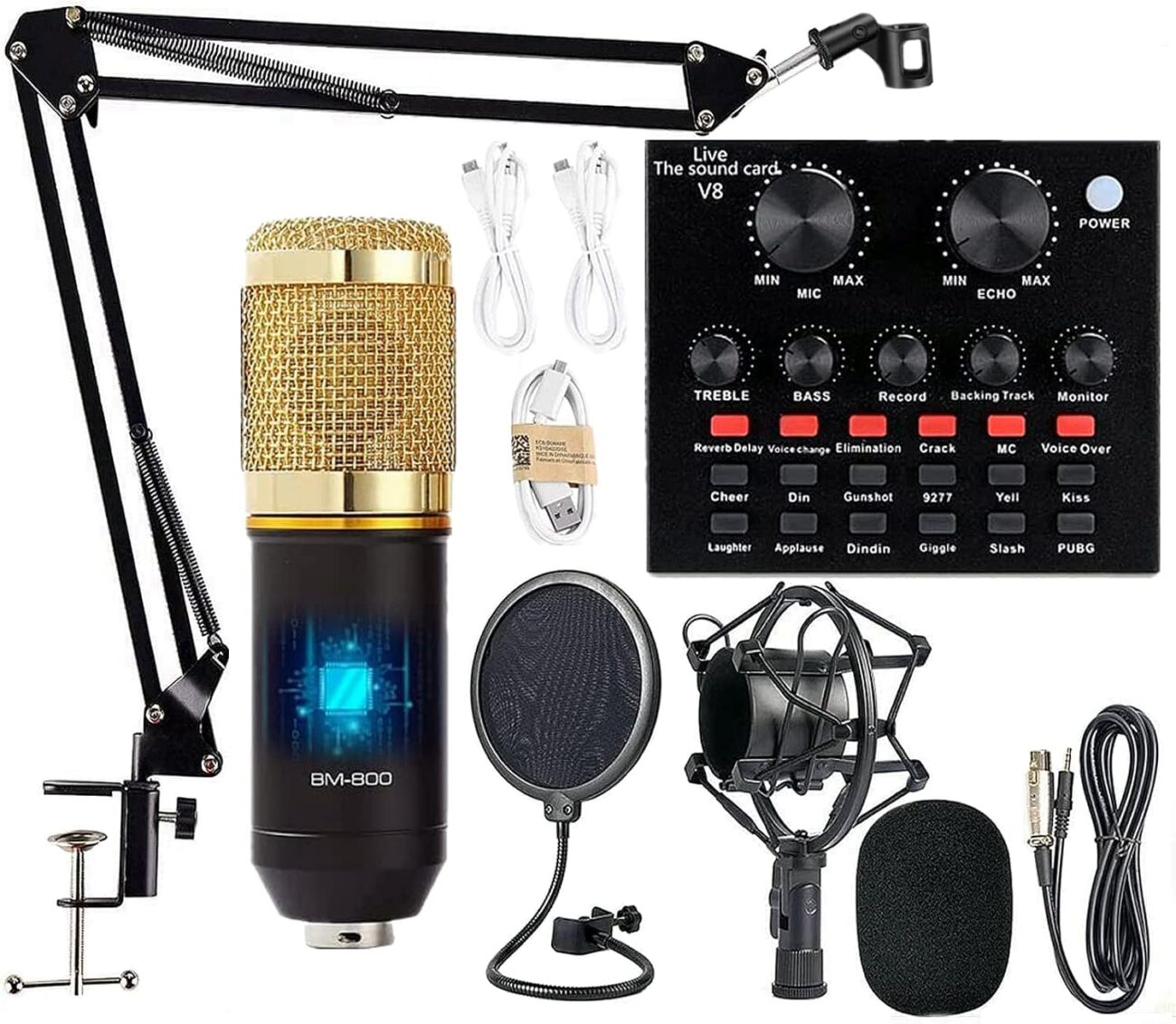 SHOPEE Podcast Equipment Bundle, BM-800 Mic Kit with Live Sound Card, Adjustable Mic Suspension Scissor Arm, Metal Shock Mount and Double-Layer Pop Filter for Studio Recording & Broadcasting