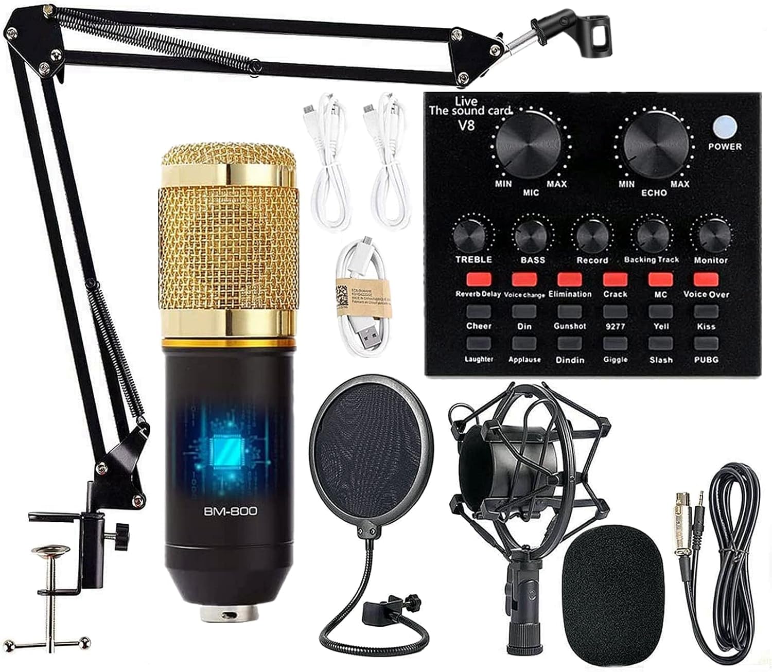SHOPEE Podcast Equipment Bundle, BM-800 Mic Kit with Live Sound Card, Adjustable Mic Suspension Scissor Arm, Metal Shock Mount and Double-Layer Pop Filter for Studio Recording & Broadcasting