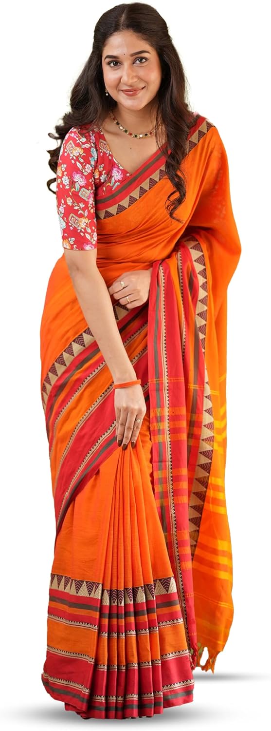 Narayanpeth Mercerized Cotton Orange Saree with Traditional Contrast Border & Rich Pallu | Soft Lightweight Cotton Saree for Women