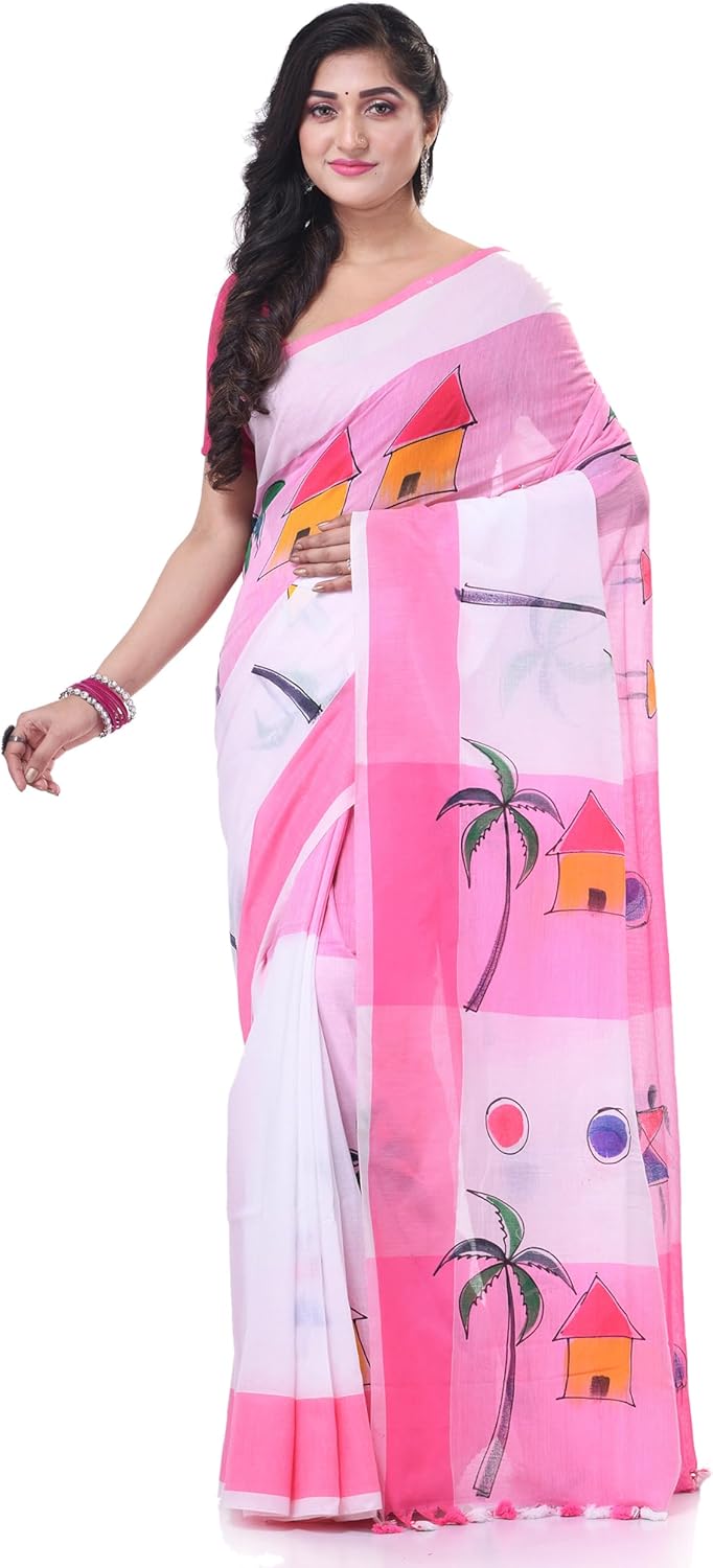 dB DESH BIDESH Women`s Bengal Handloom Pure Cotton Saree Tribal Hand Made Art Design With Blouse Piece 6.3 Mr