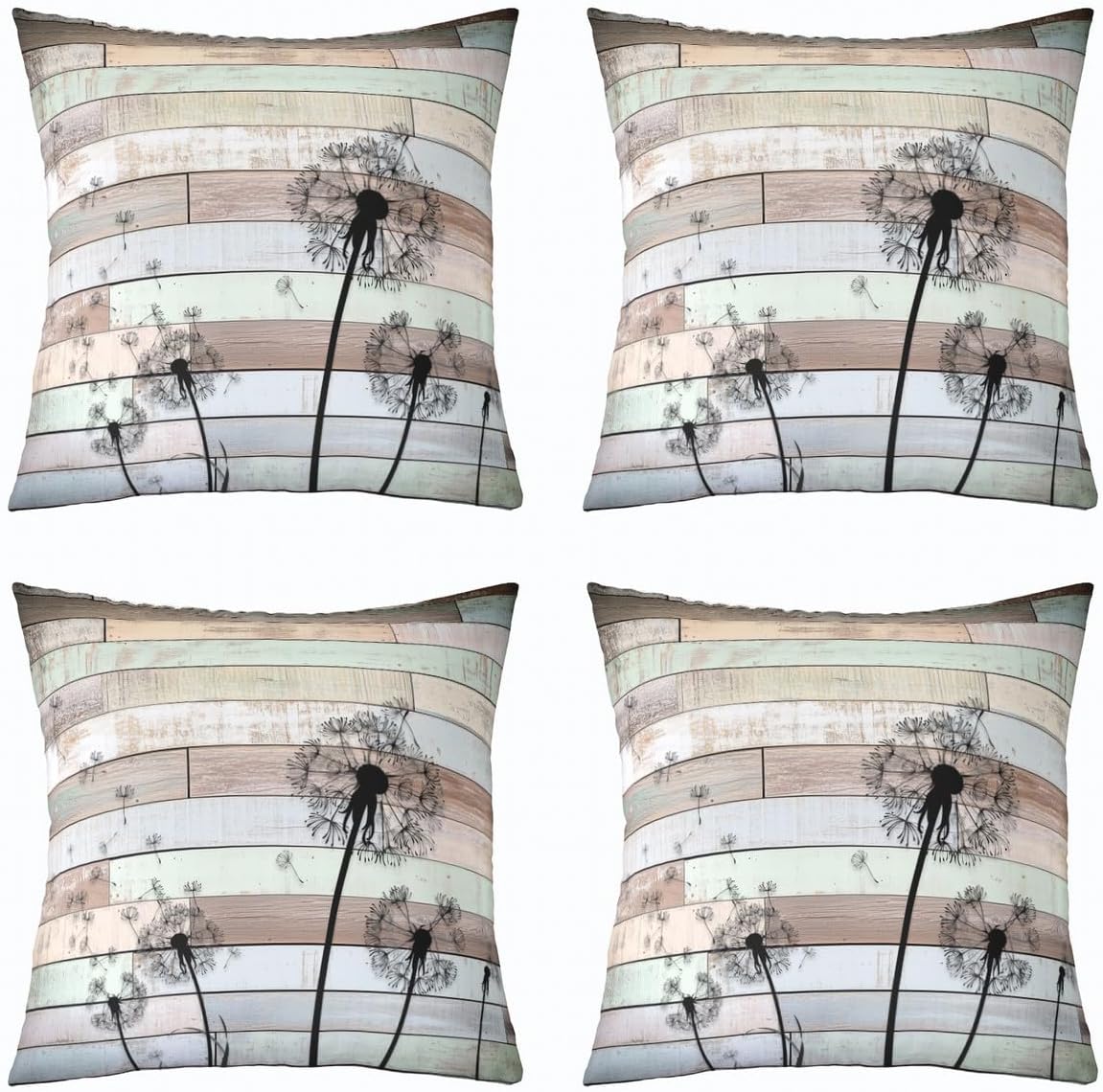 jejeloiu Dandelion Throw Pillow Covers Set of 4 20 x 20-Inch Kids Floral Reversible Cushion Case Boys Girls Botanical Flowers Rustic Wooden Stripe Pillowcases for Sofa Couch Bed Natural,Indoor Outdoor