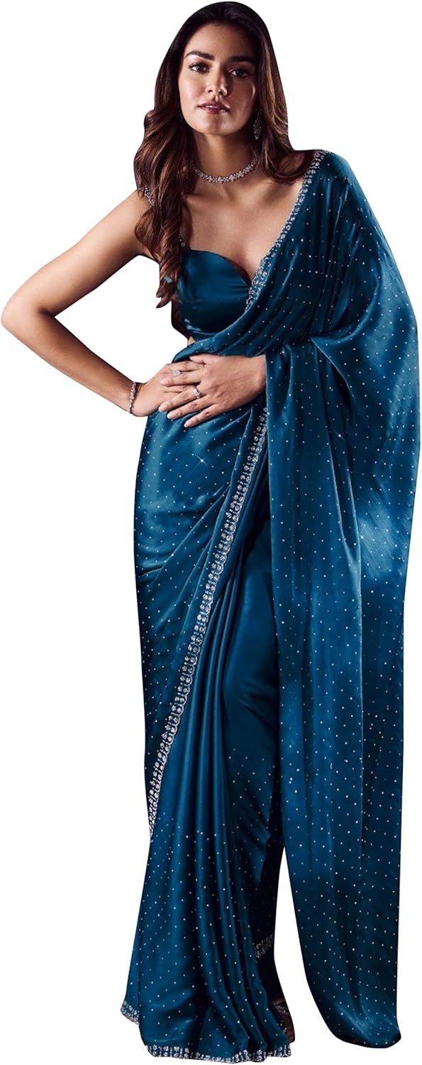 TRENDMALLS Women’s Satin Silk Zarkan Work Saree with Unstitch Blouse Piece