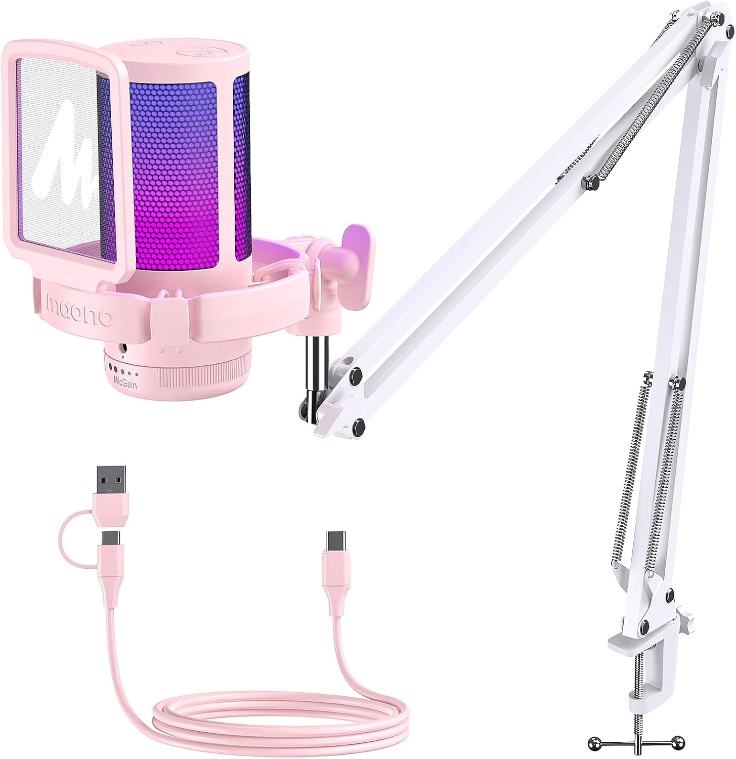 MAONO USB Gaming Microphone with Noise Cancellation, Computer PC Condenser Mic with RGB Light, Mute, Gain, Monitoring for Streaming, Podcast, YouTube, Twitch, Discord, PS5/4, GamerWave DGM20S Pink