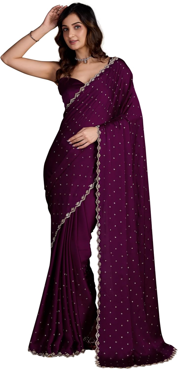 TRENDMALLS Women’s Satin Silk Siroski Zarkan Work Saree with Unstitch Blouse Piece