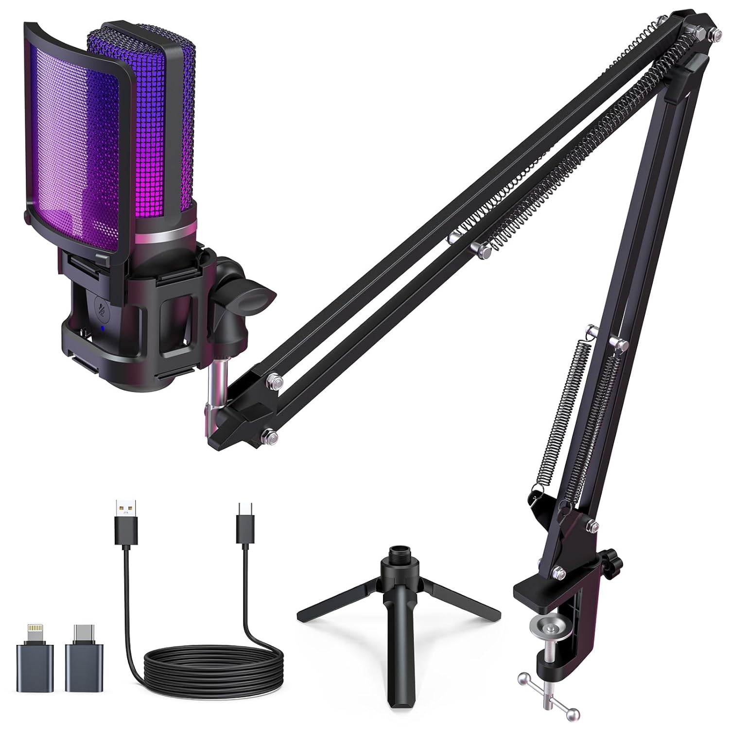 zealsound Gaming Microphone, Noise Cancellation Condenser Microphone with RGB Light, Touch Mute,Gain,Real-Time Monitoring,Pop Filter,Boom Arm for PC,Mac,Phone,Streaming,Podcast,YouTube,Discord