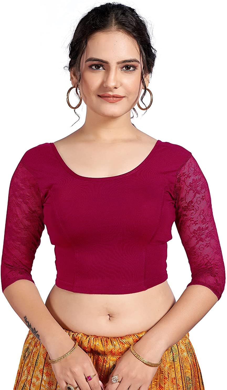 themilestocks Women’s Blouses Readymade Gold Stretchable Saree Crop Top Choli Free Size Sparkling