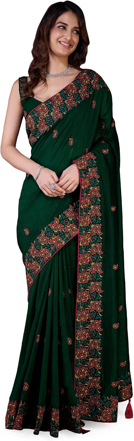 TRENDMALLS Women’s Vichitra Silk Heavy Embroidred work Saree with Unstitched Blouse Piece