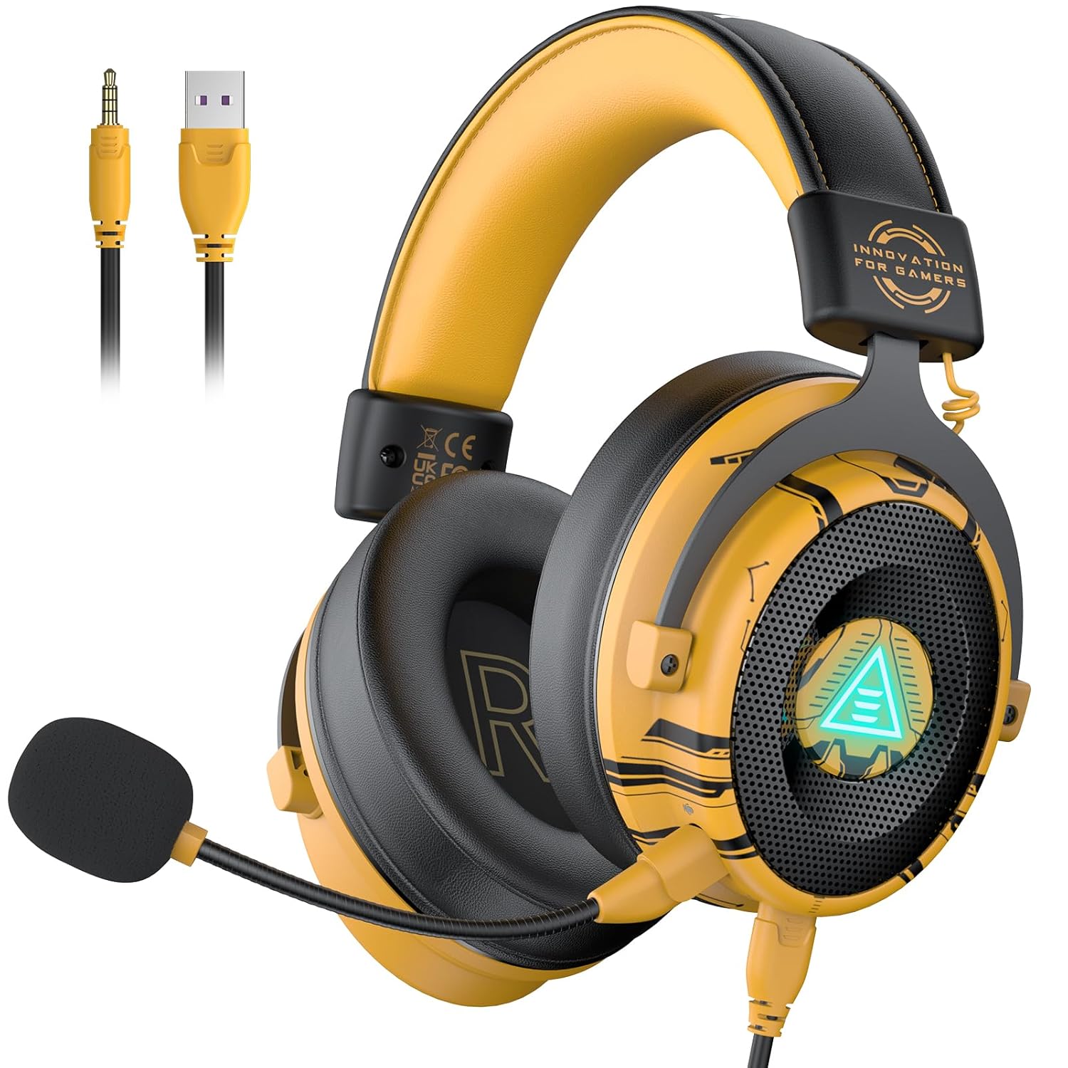 EKSA E900 Pro Yellow Gaming Wired Over Ear Headphones with Virtual 7.1 Surround Sound, Noise Cancelling with Mic & Led, Compatible with PC, PS4, PS5, Xbox One (Yellow)