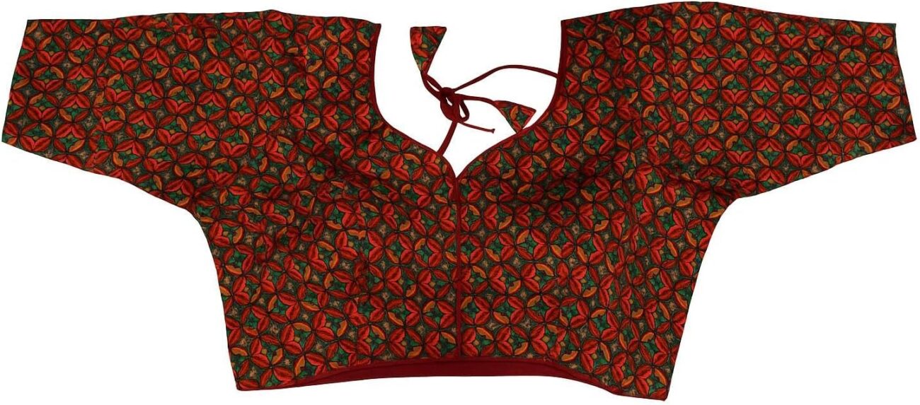 Printed Elbow Sleeve Saree Blouse with Back Tie – Ethnic Padded Blouse for Traditional and Festive Wear