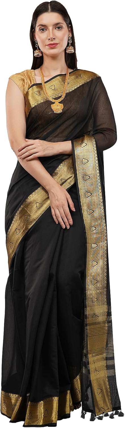 Banarsi Cotton Silk Solid Color Saree/Fall Attached/Blouse Fabric Included/Tassels Attached