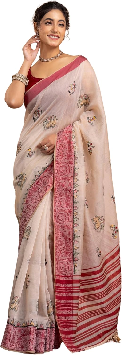 Cream Embroidered Saree with Red Border for Women Soft Lightweight Traditional Saree with Blouse Piece