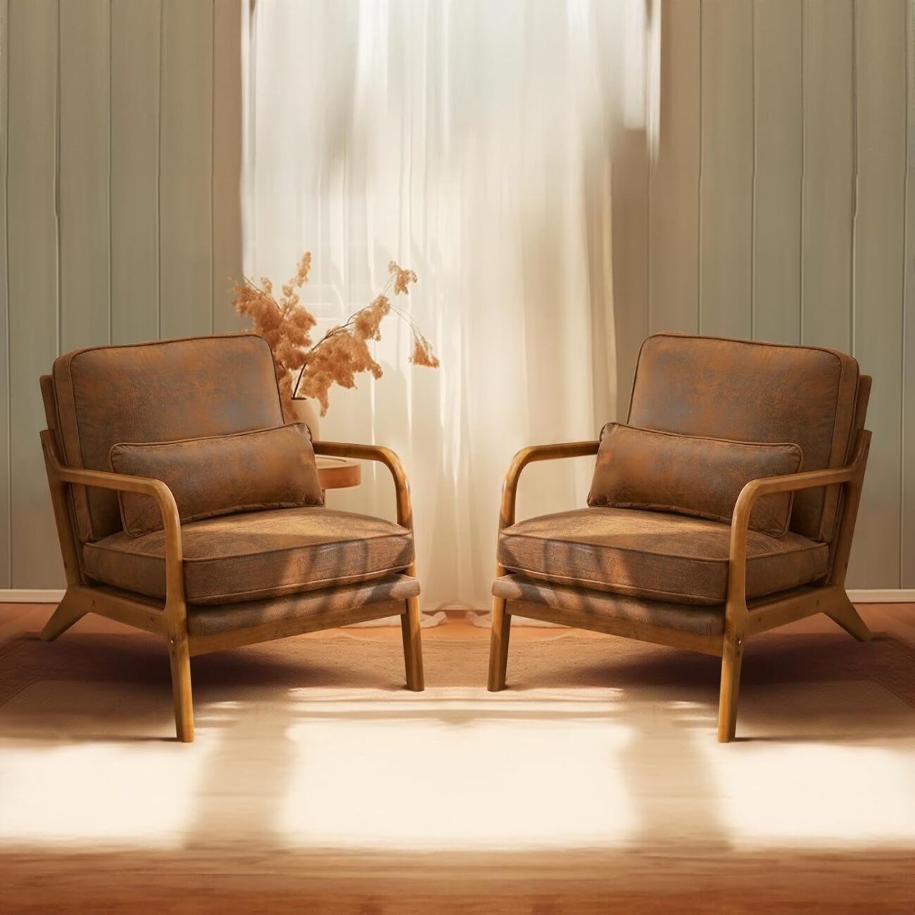 Bonnlo Microfiber Rustic Accent Chairs Set of 2, Upholstered Mid Century Modern Lounge Chairs Reading Chairs Side Sitting Chair Solid Wood Farmhouse Armchairs for Living Room, Bedroom, Guest Room