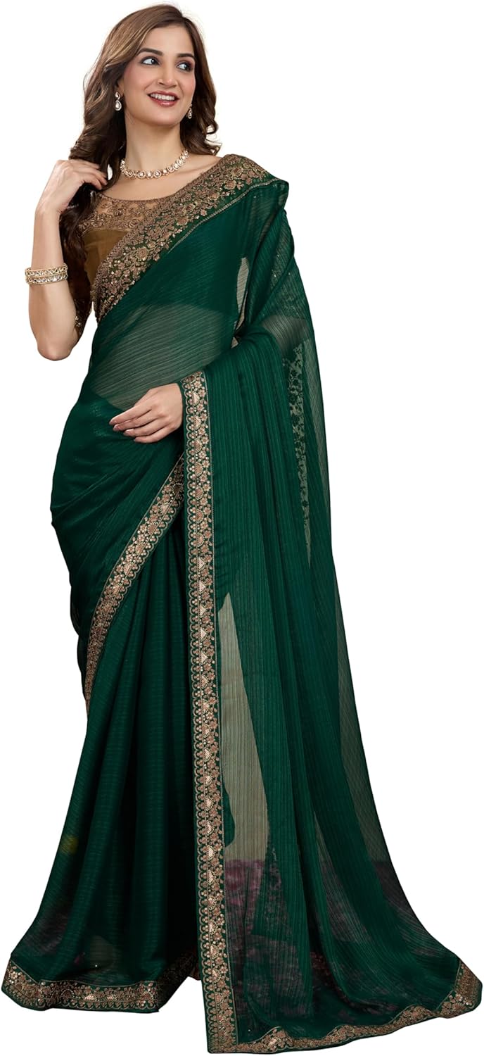 TRENDMALLS Women’s Chiffon Satin Sequence work Saree with Unstitch Blouse Piece