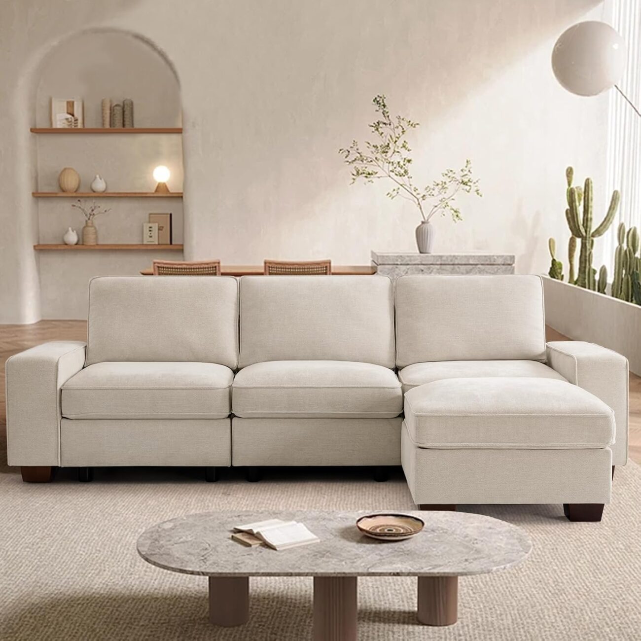 TEKAMON 100″ Modular Sectional Sofa with Seats Storage, L Shaped Couch with Movable Ottoman for Living Room, Couch with Chaise, Solid Wood Frame, Spring Cushions, USB Port, Removable Covers, Beige | Seats Storage, Movable Ottoman, Flexible ModularSofa