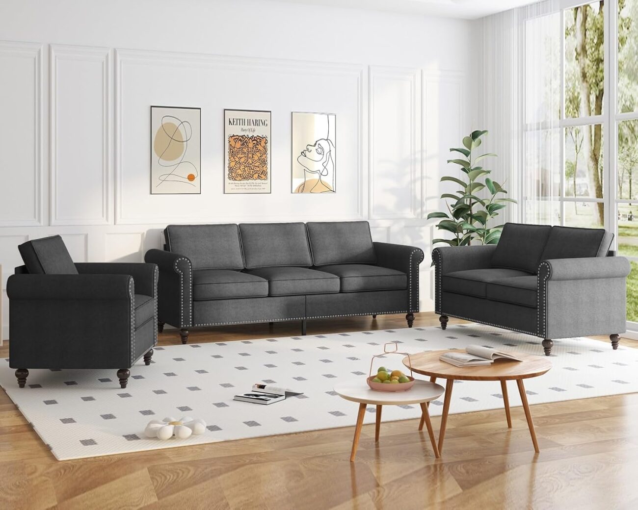BALUS 3-Piece Sofa Set, Comfortable Linen Couches for Living Room with Wooden Legs, Living Room Furniture with Sturdy Wooden Frame, 6″ Thick Foam & Coil Cushions, Nailhead Trim, Dark Grey