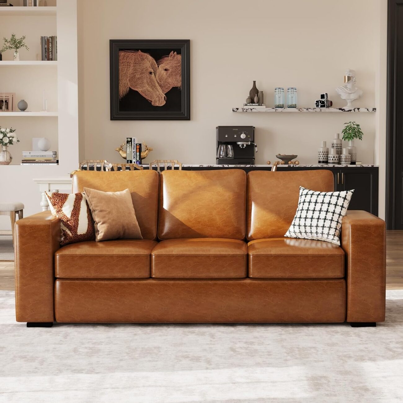 ABCASA 85″ Sofa Couches for Living Room, Faux Leather Sofa, 3-Seater Comfy Modern Couch for Apartment Office,Brown