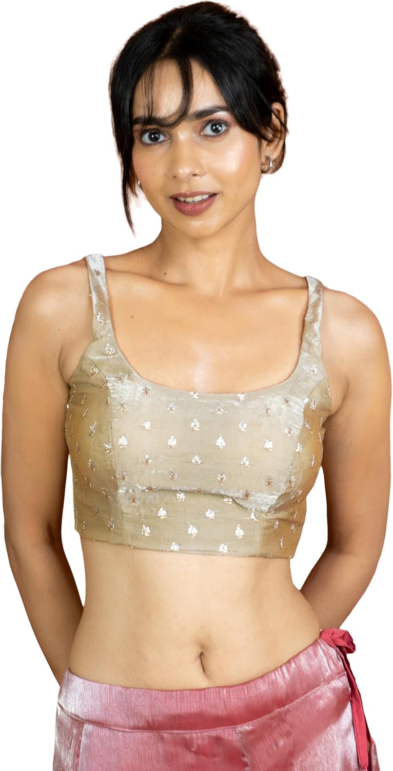 FIGURE’S DESIGNER Women’s Sleeveless Square Round Neck Sequin Embroidered Readymade Saree Blouse E8