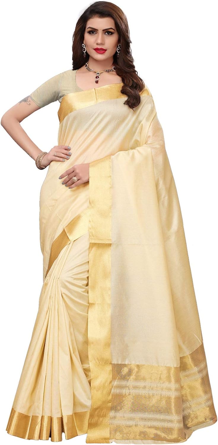Indian Women’s Cream Cotton Polyester Silk Saree Woven Sari With Unstitched Blouse 6 Yards