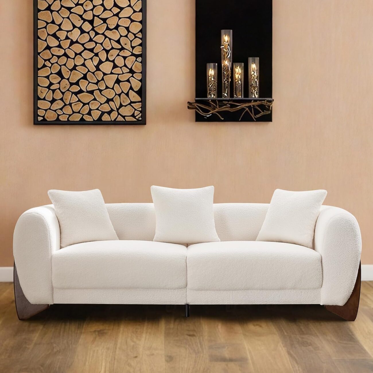 87″ Sherpa Boucle 3 Seater Sofa Modern Cloud Couch with Solid Wood Legs, 25in Extra Deep Seat, Comfy Thick Cushion Upholstered Sofa Couches with 3 Pillows for Living Room, White