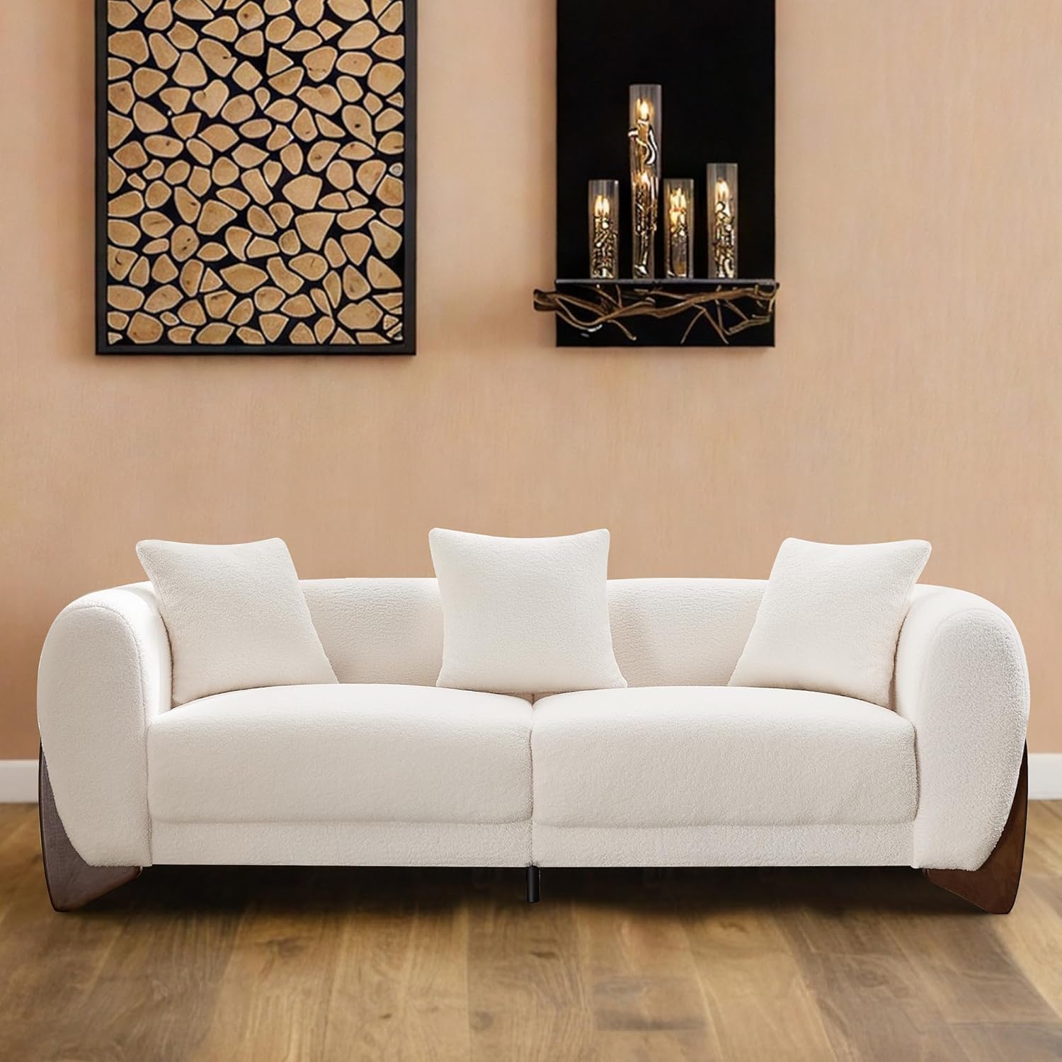 87″ Sherpa Boucle 3 Seater Sofa Modern Cloud Couch with Solid Wood Legs, 25in Extra Deep Seat, Comfy Thick Cushion Upholstered Sofa Couches with 3 Pillows for Living Room, White
