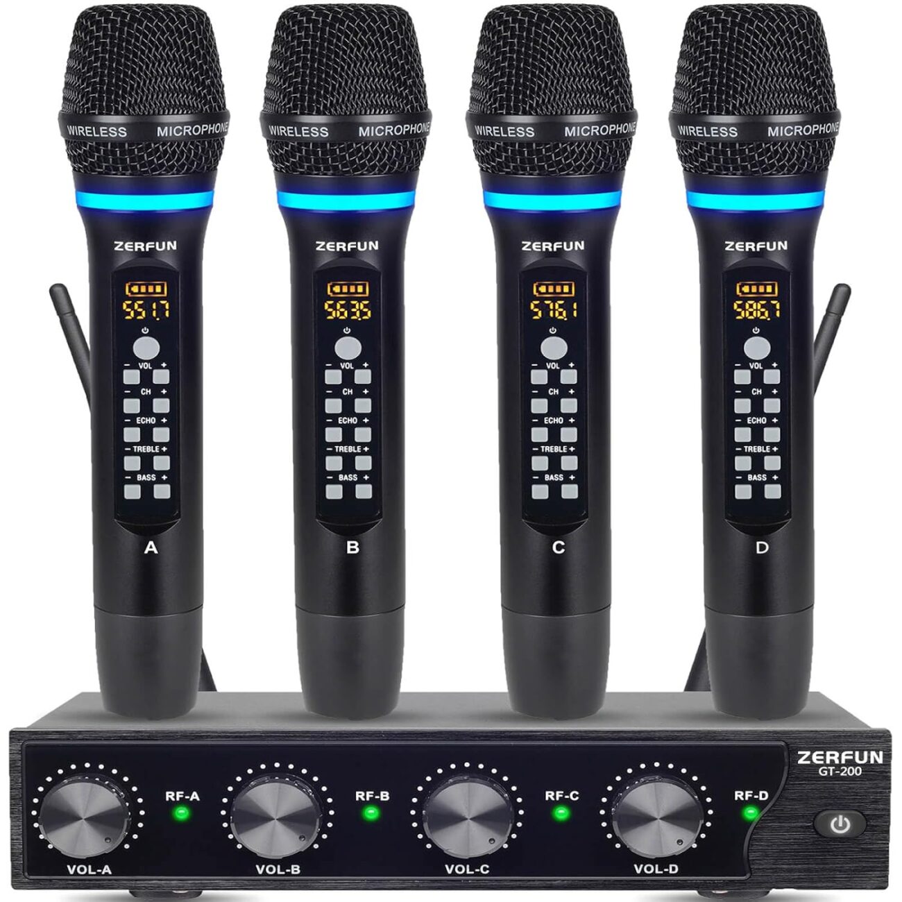 4 Channel Rechargeable Wireless Microphone System, Pro UHF Metal Handheld Wireless Microphones Cordless Mics with Echo Treble BASS VOL Channel Control for Karaoke Singing Church(GT-200)