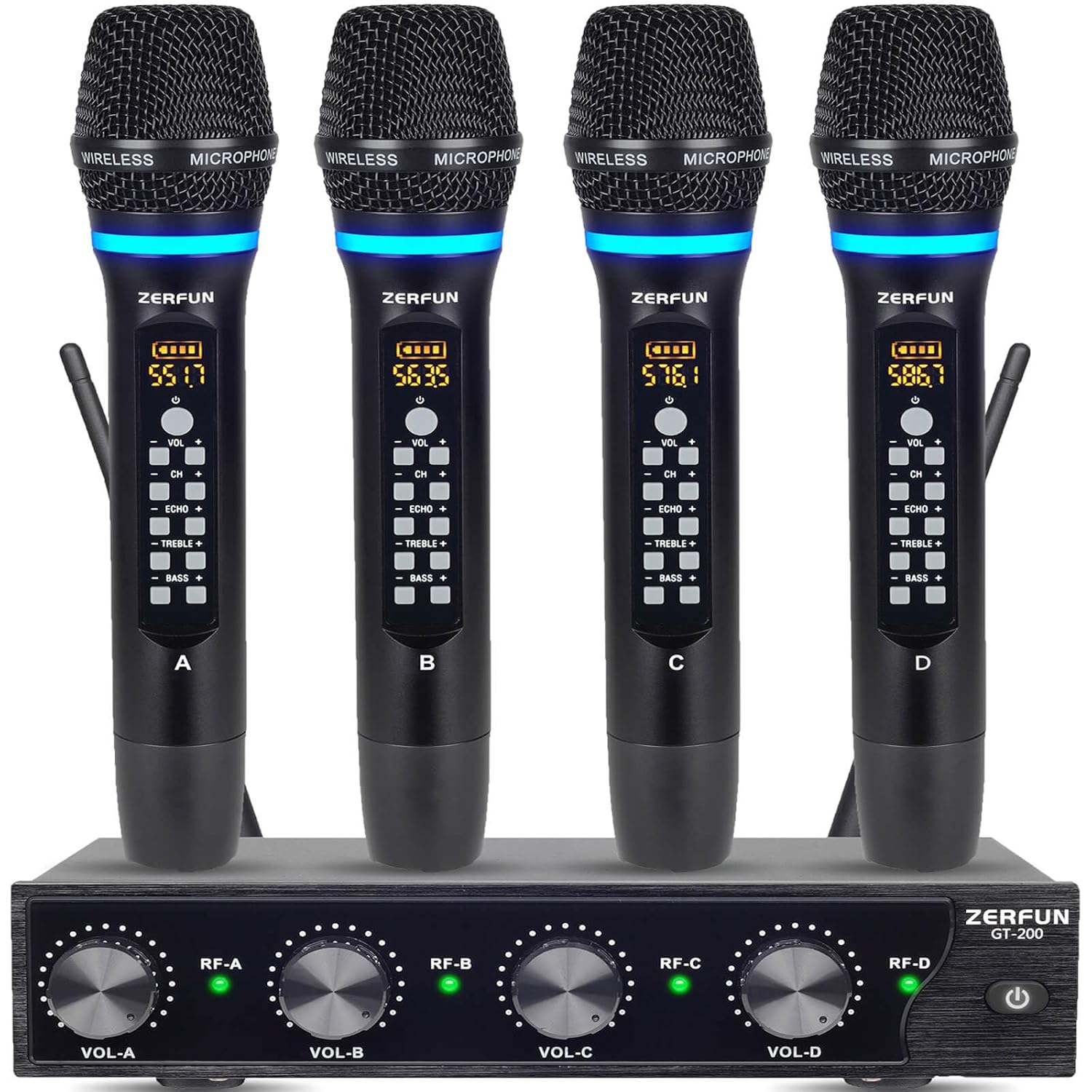 4 Channel Rechargeable Wireless Microphone System, Pro UHF Metal Handheld Wireless Microphones Cordless Mics with Echo Treble BASS VOL Channel Control for Karaoke Singing Church(GT-200)