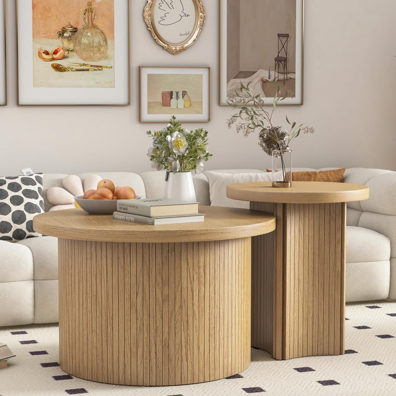 Set of 2 Nesting Coffee Tables Farmhouse,Round Coffee Table Living Room,Wood Finish Coffee Table Set, Small Coffee Tables, Sofa Side Living Room Bedroom Coffee Side Table (Large Size – Set)