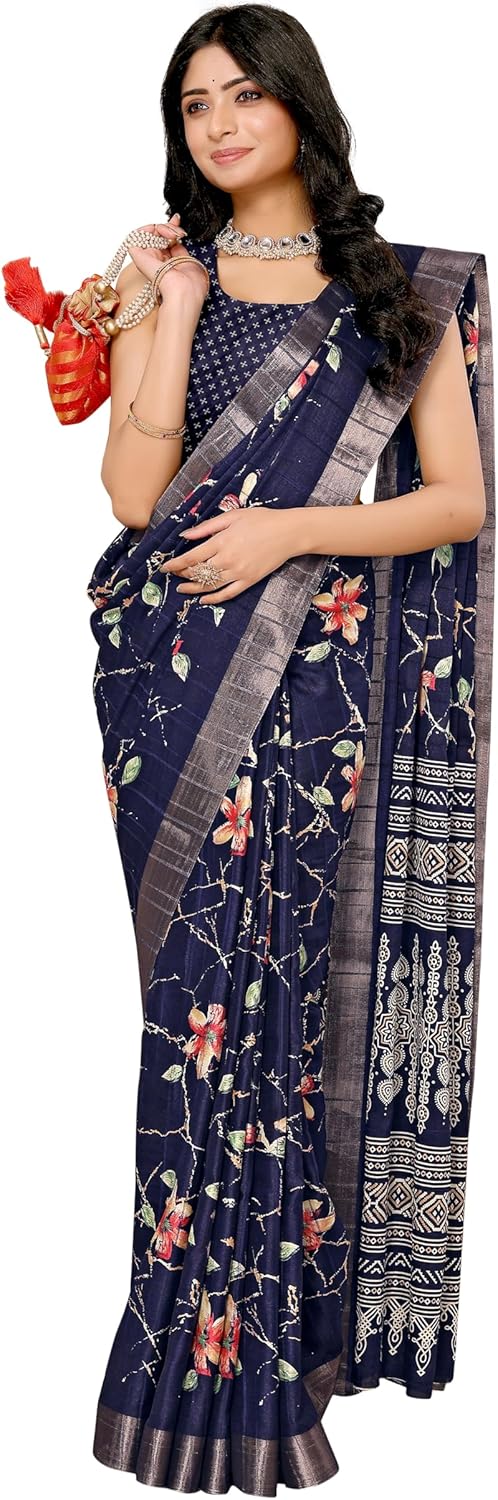DREAM STYLE Women’s Floral Printed Silk Blend Saree With Unstitched Blouse Piece