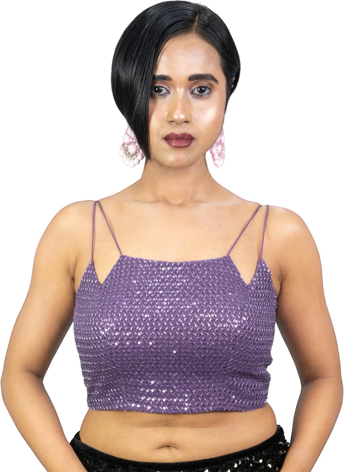 FIGURE’S DESIGNER Women’s Spagehtti Neck Strap Sequin Embroidered Sleeveless Readymade Saree Blouse E22