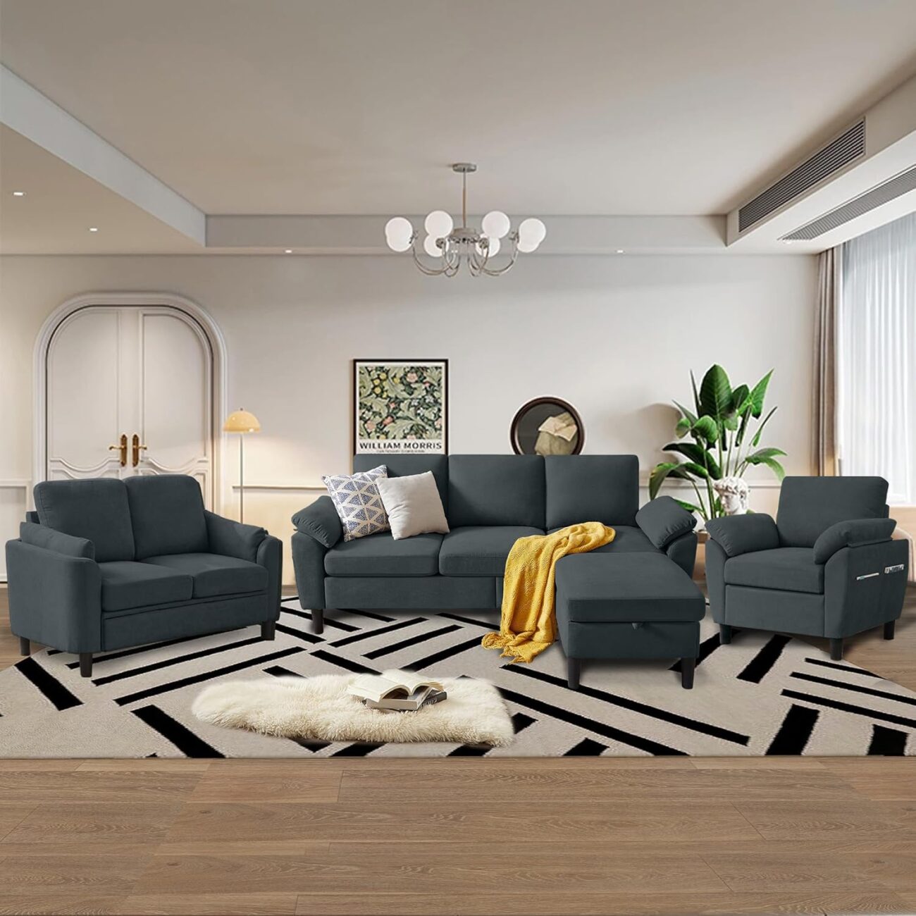 4 Piece Convertible Sectional Sofa Set, Modern Linen Small L Shaped Couch with Reversible Chaise, 3-Seater Sofa & Loveseat & Armchair for Living Room, Office, Apartment, Dark Grey