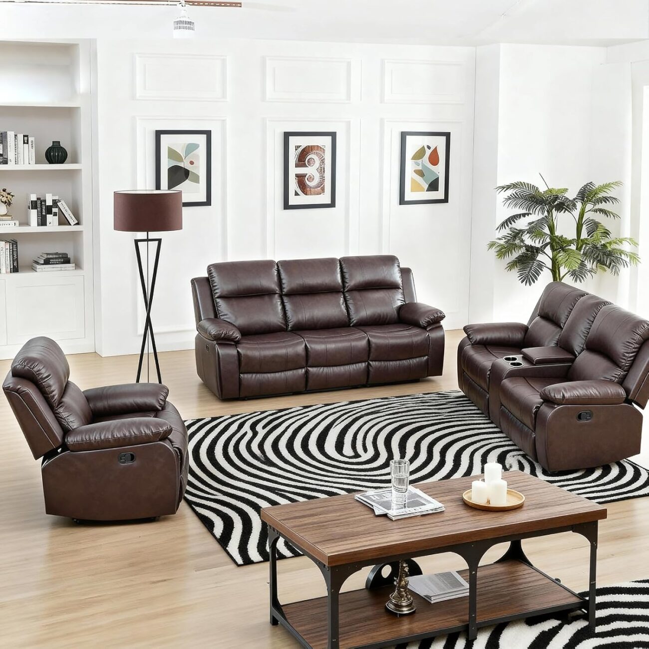 Living Room Furniture Sets, Leather Recliner Sofa, Sectional Sofa Set with Convertible Table & Cup Holders, 3 Pieces Furniture for Living Room/RV/Office (3 Pieces Set, Brown Leather)