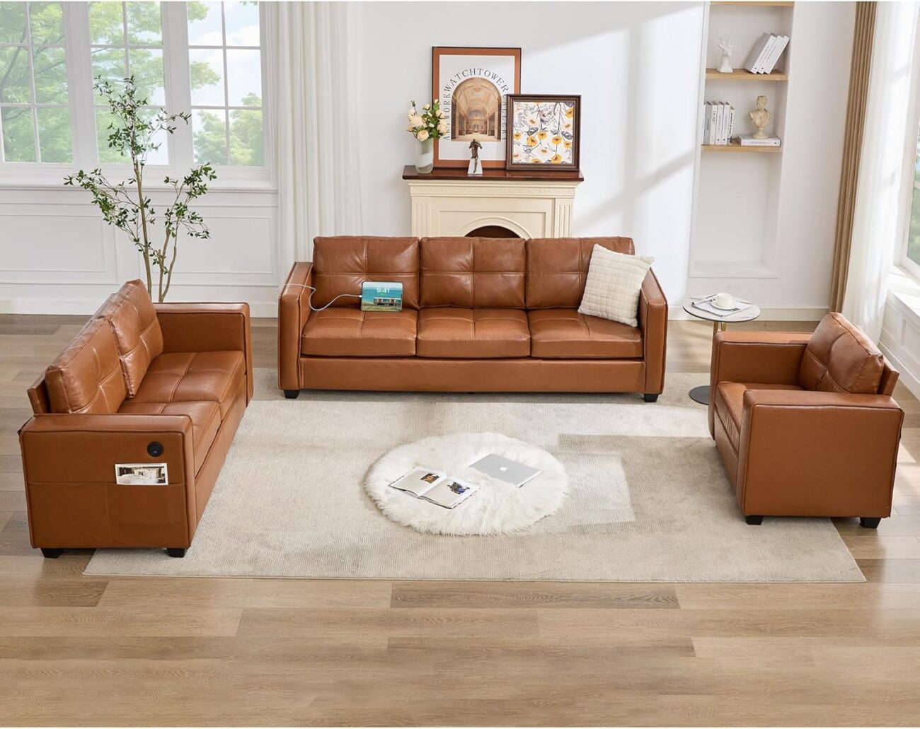 TYBOATLE Brown Leather Sofa Couch Sectional Couches for Living Room, Comfy Sofas with USB USB & Type C Charger, Home Office 3 Piece Living Room Sofa Set for RV Apartment Bedroom