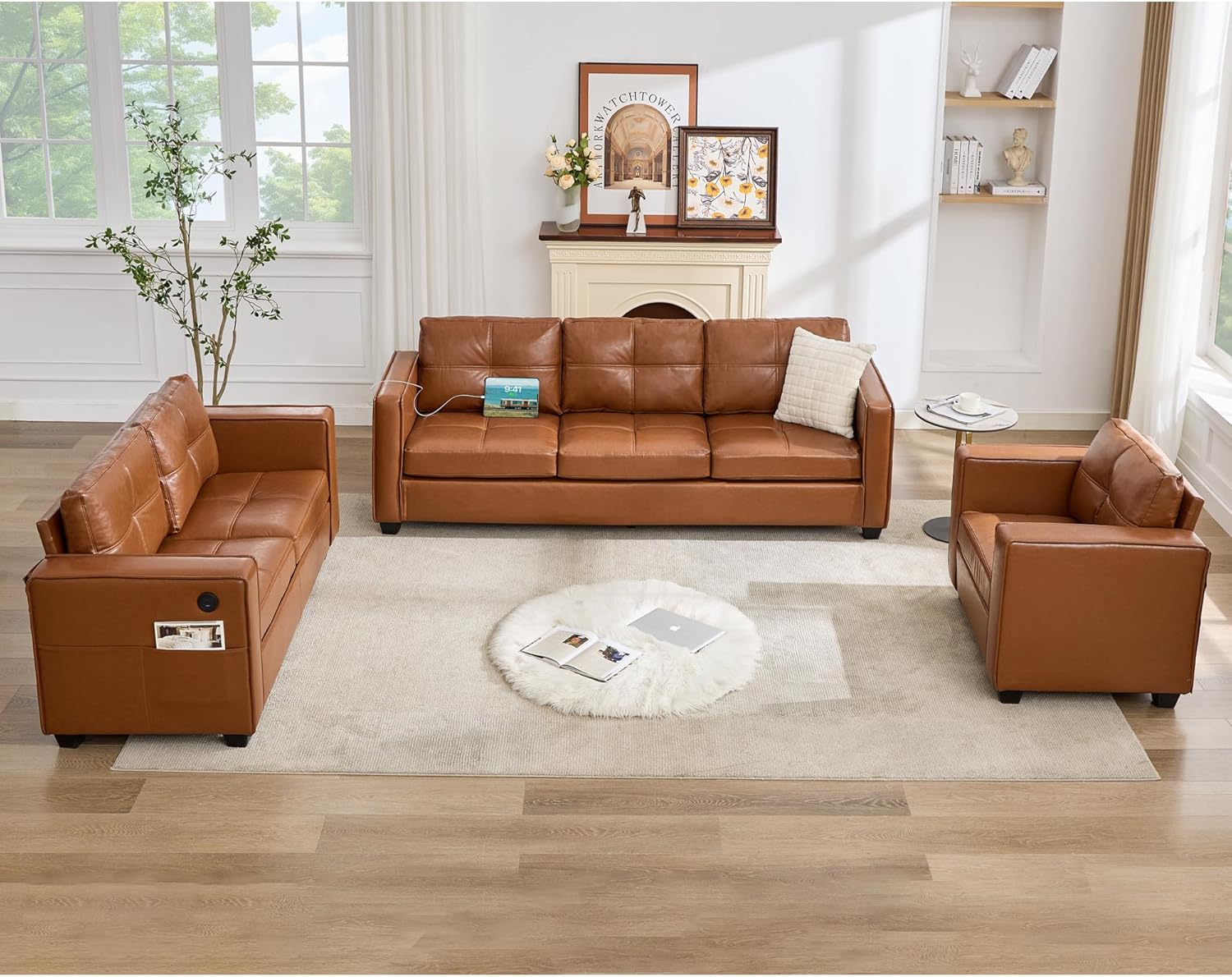 TYBOATLE Brown Leather Sofa Couch Sectional Couches for Living Room, Comfy Sofas with USB USB & Type C Charger, Home Office 3 Piece Living Room Sofa Set for RV Apartment Bedroom