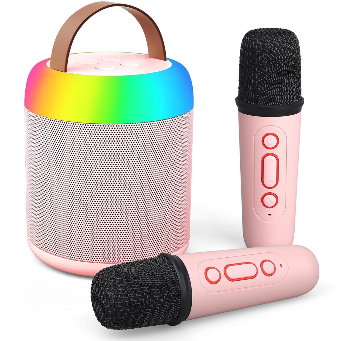 VELOMAX Karaoke Mic with Speaker for Kids, 360° Surround Sound with Ambiance Light, Wireless Mic with 5 Sound Effects, Birthday Gifts Toys Teens Kids, Cute Fun Fashion (2 Microphones(Pink))