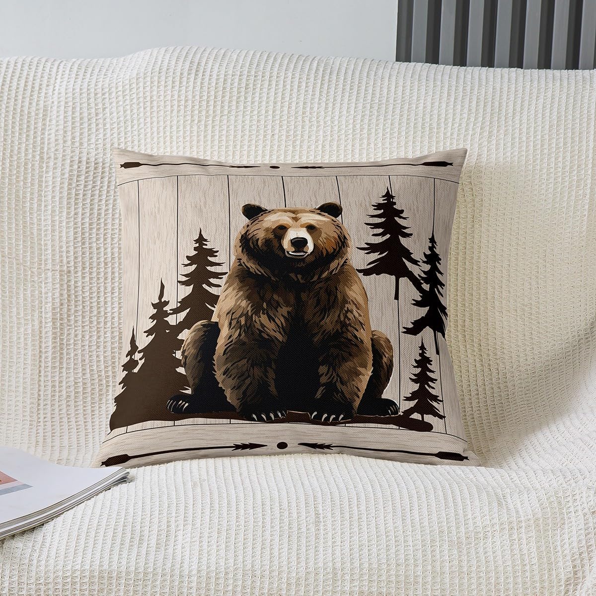 Pack of 2 Bear Decorative Throw Pillow Covers, Soft Retro Western Rustic Animal Square Cushion Case Set for Couch Sofa Bedroom Living Room, Arrow Wooden Paw Pillow Cases Pillowcases, 16×16 Inches