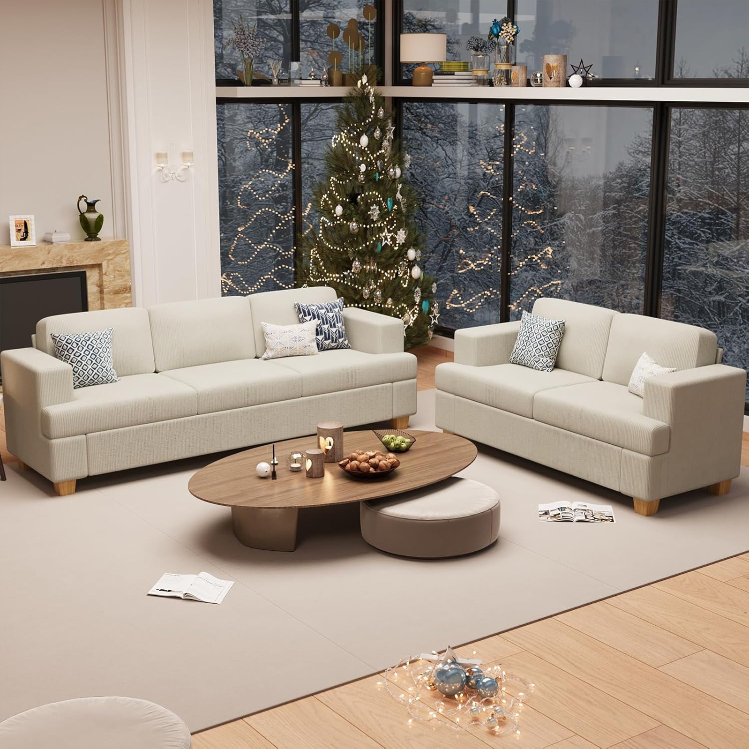 Fiona’s magic 2 Pieces Corduroy Couch Set for Living Room, 5 Seats Cloud Sofa, Deep Seat Floor Couch for Bedroom, Futon Modern Sofa Bed, White Corduroy