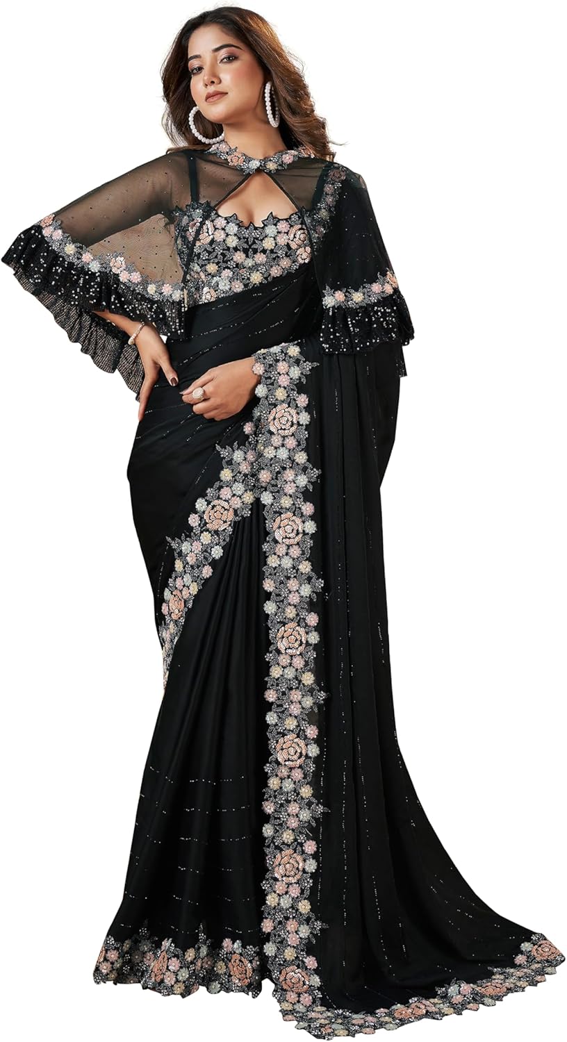 TRENDMALLS Women’s Satin Embroidery, Siroski Sequin Work Saree with Unstitch Blouse Piece