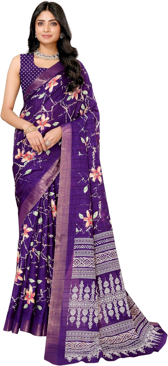 DREAM STYLE Women’s Floral Printed Silk Blend Saree With Unstitched Blouse Piece